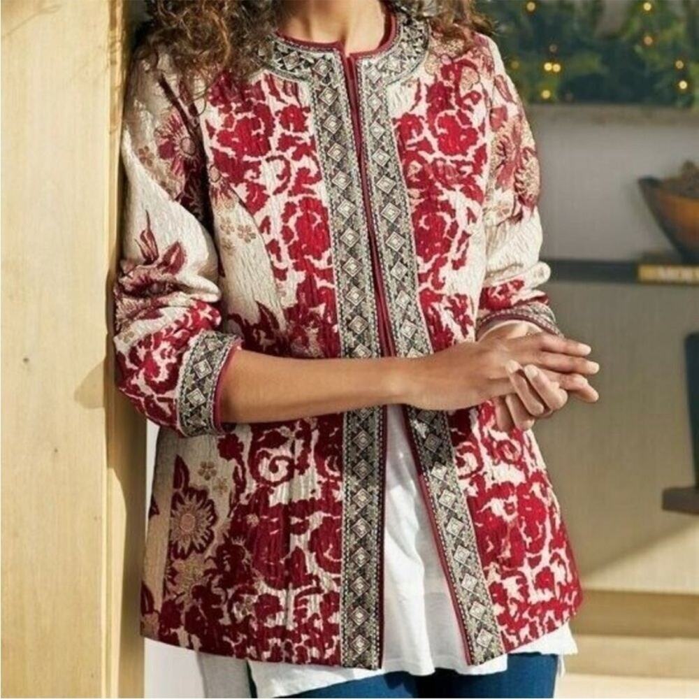 Soft Surroundings Apres Ski Jacket in Red Metallic Gold and Cream, Size Small
